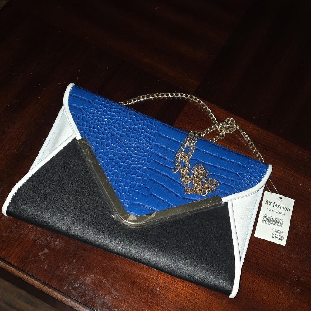 Elegant Blue and Black Clutch with Gold Chain